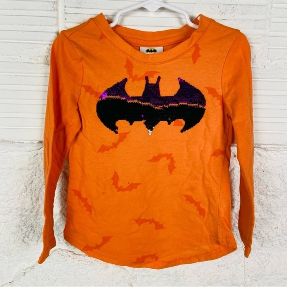 BATMAN Orange Bat sequins logo Kids long sleeve Shirt size XS 4/5